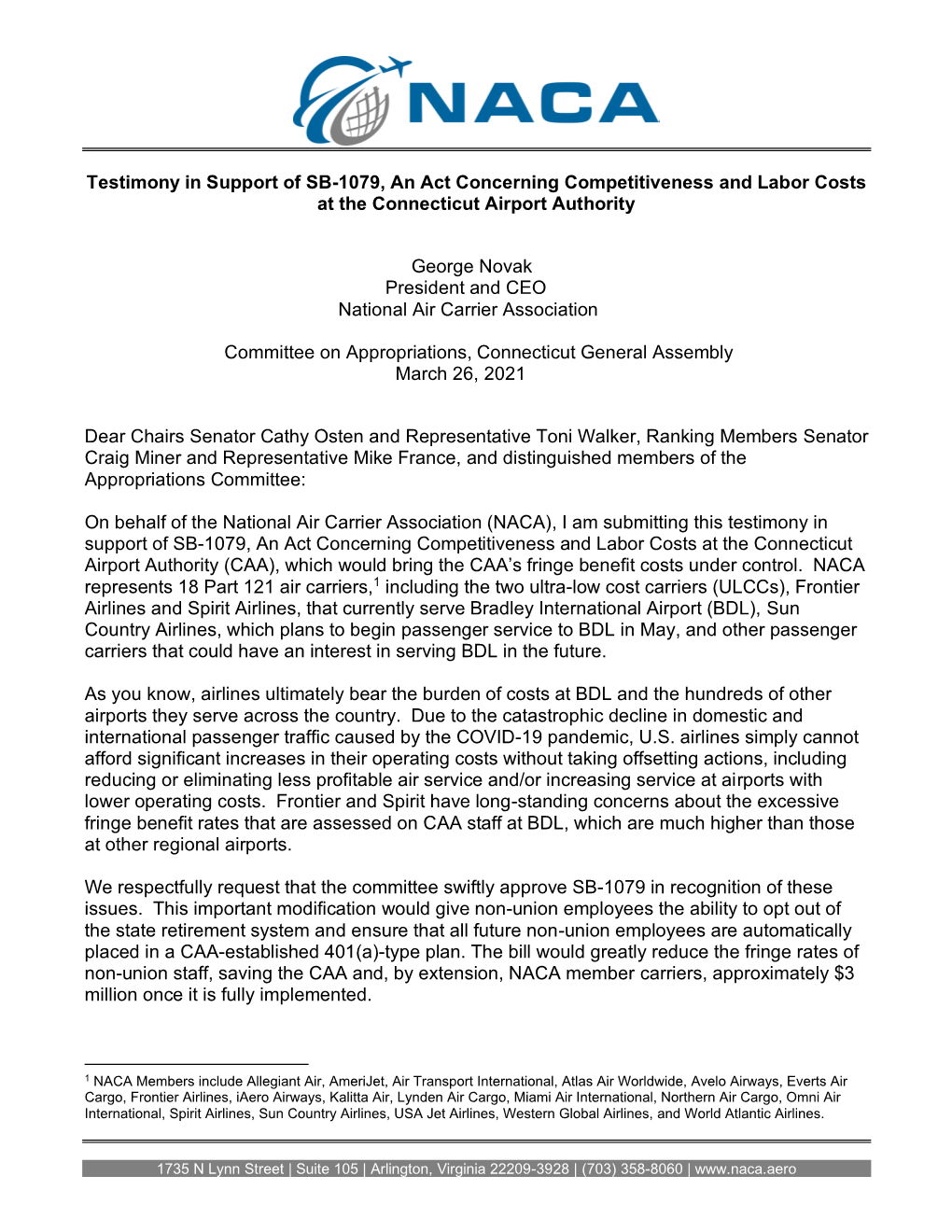 Testimony in Support of SB-1079, an Act Concerning Competitiveness and Labor Costs at the Connecticut Airport Authority