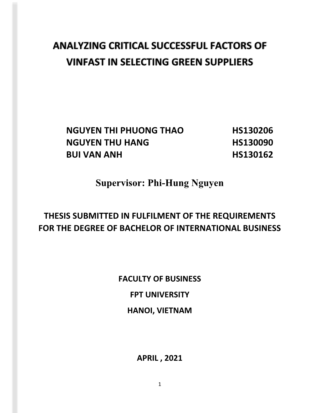 Analyzing Critical Successful Factors of Vinfast in Selecting Green Suppliers