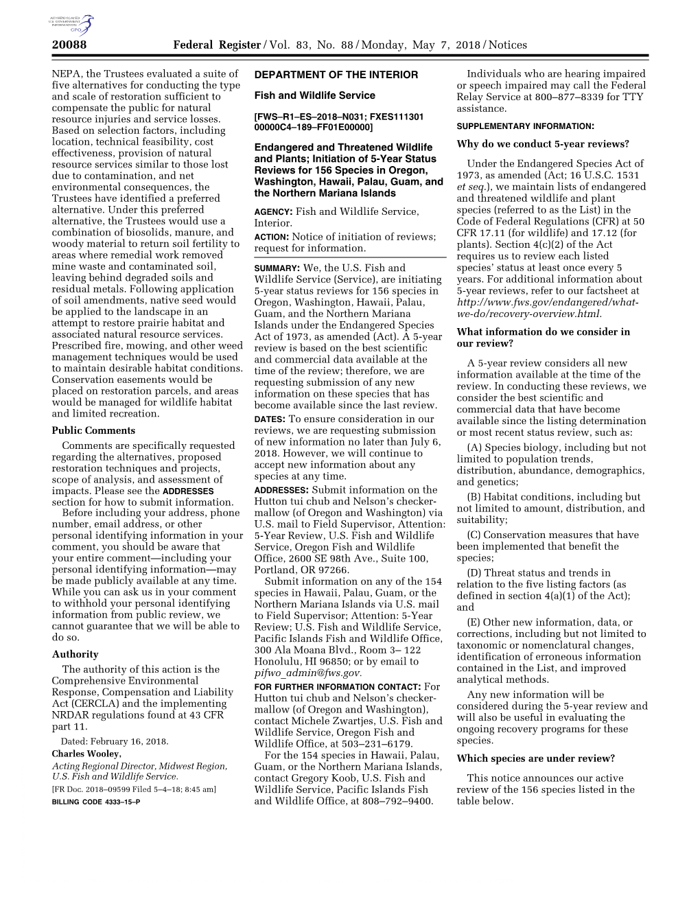 Federal Register/Vol. 83, No. 88/Monday, May 7, 2018/Notices