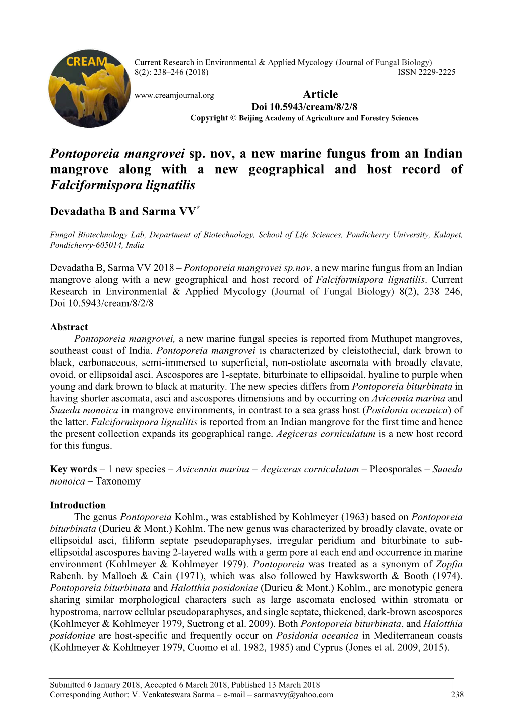 Pontoporeia Mangrovei Sp. Nov, a New Marine Fungus from an Indian Mangrove Along with a New Geographical and Host Record of Falciformispora Lignatilis