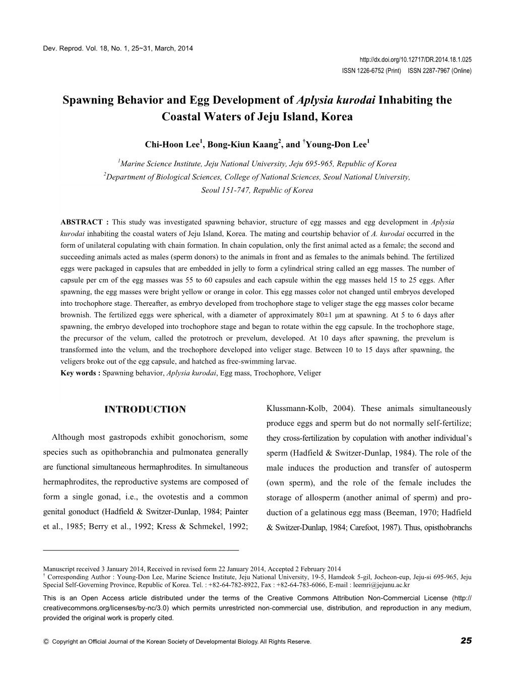 Spawning Behavior and Egg Development of Aplysia Kurodai Inhabiting the Coastal Waters of Jeju Island, Korea