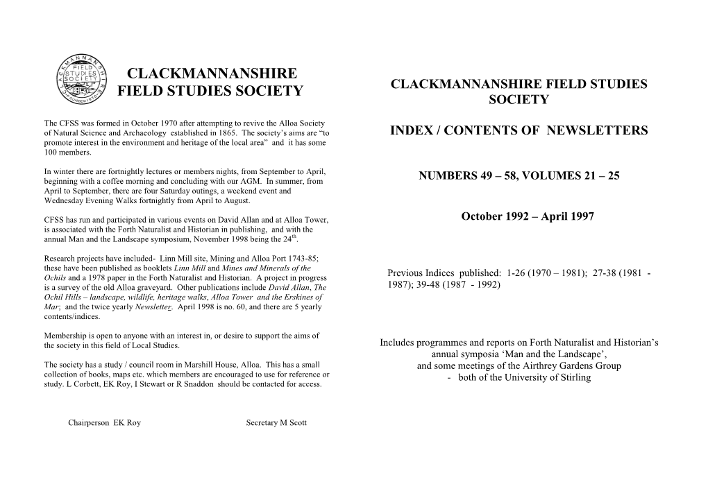 Clackmannanshire Field Studies Society Index / Contents of Newsletters