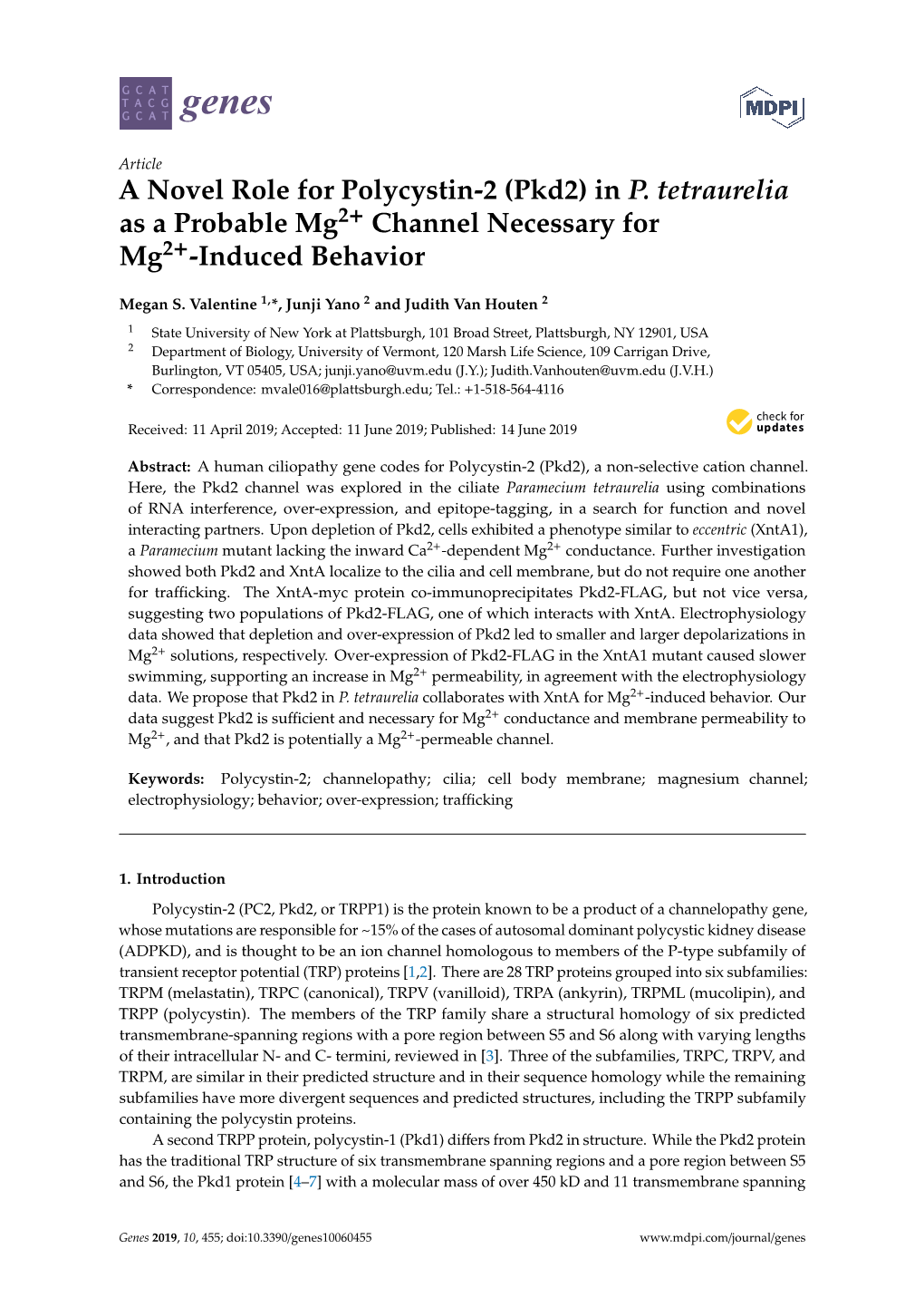 A Novel Role for Polycystin-2 (Pkd2) in P. Tetraurelia As a Probable Mg2+ Channel Necessary for Mg2+-Induced Behavior