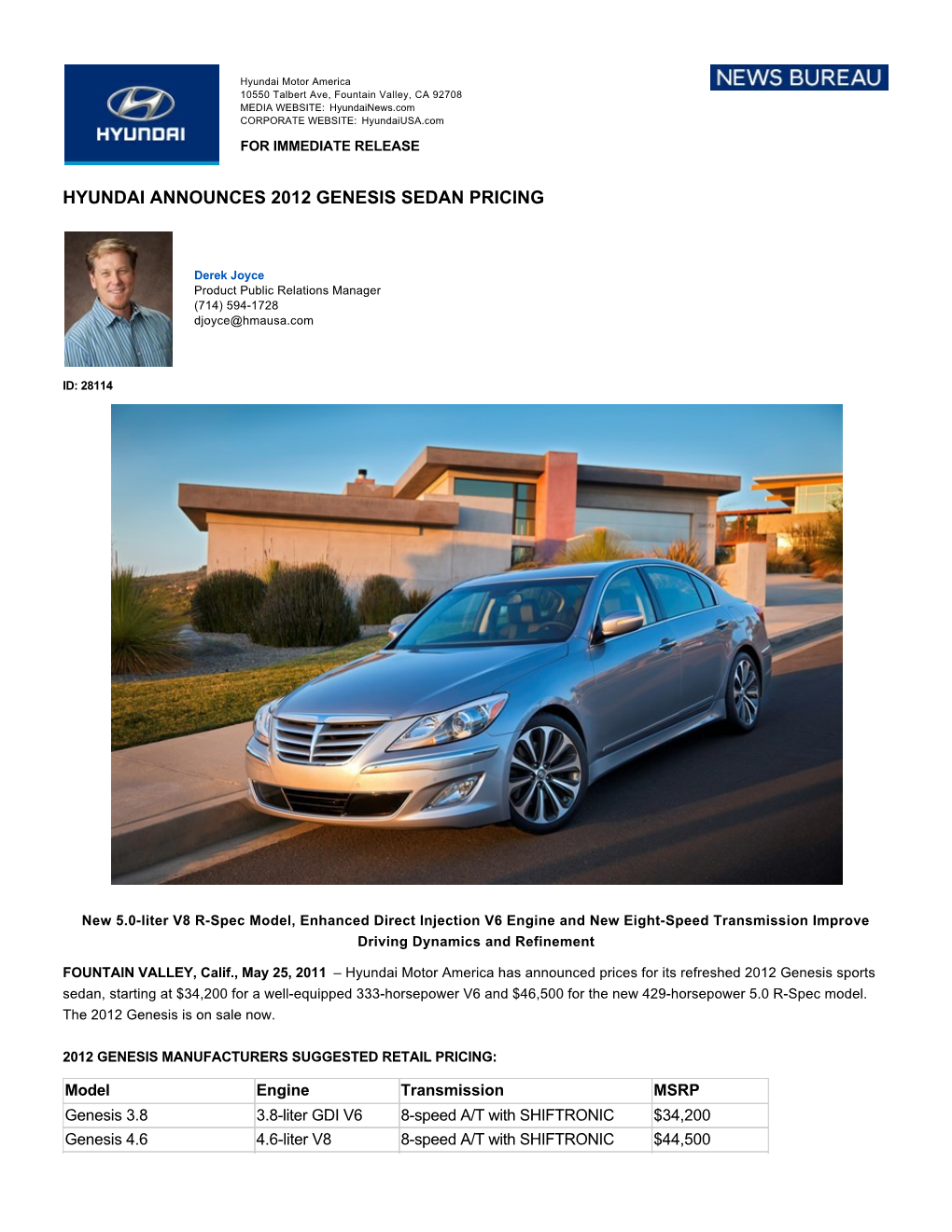 Hyundai Announces 2012 Genesis Sedan Pricing