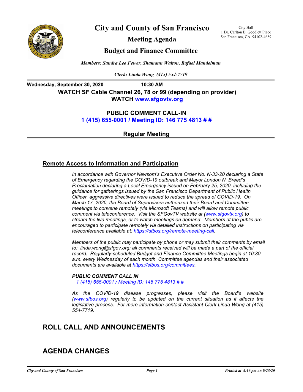 Meeting Agenda San Francisco, CA 94102-4689 Budget and Finance Committee