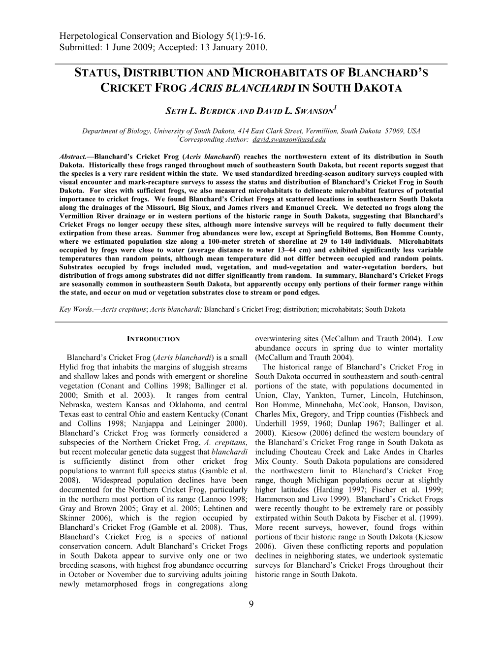 Status, Distribution and Microhabitats of Blanchard's Cricket Frog Acris