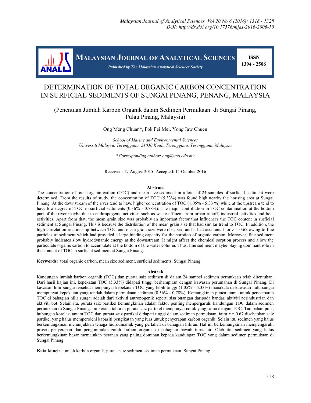 Determination of Total Organic Carbon Concentration in Surficial Sediments of Sungai Pinang, Penang, Malaysia