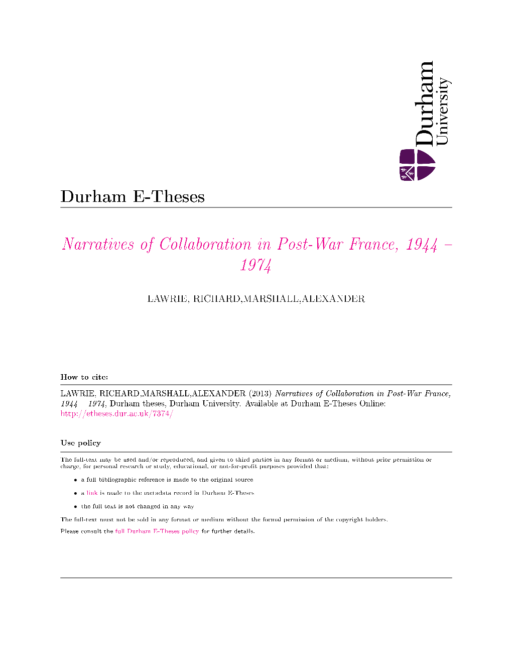 Narratives of Collaboration in Post-War France, 1944  1974