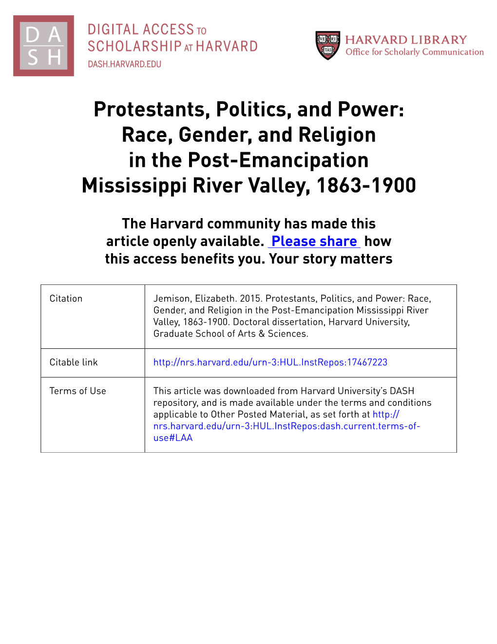 Protestants, Politics, and Power: Race, Gender, and Religion in the Post-Emancipation Mississippi River Valley, 1863-1900