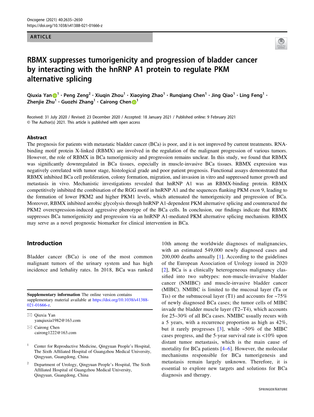 RBMX Suppresses Tumorigenicity and Progression of Bladder Cancer by Interacting with the Hnrnp A1 Protein to Regulate PKM Alternative Splicing