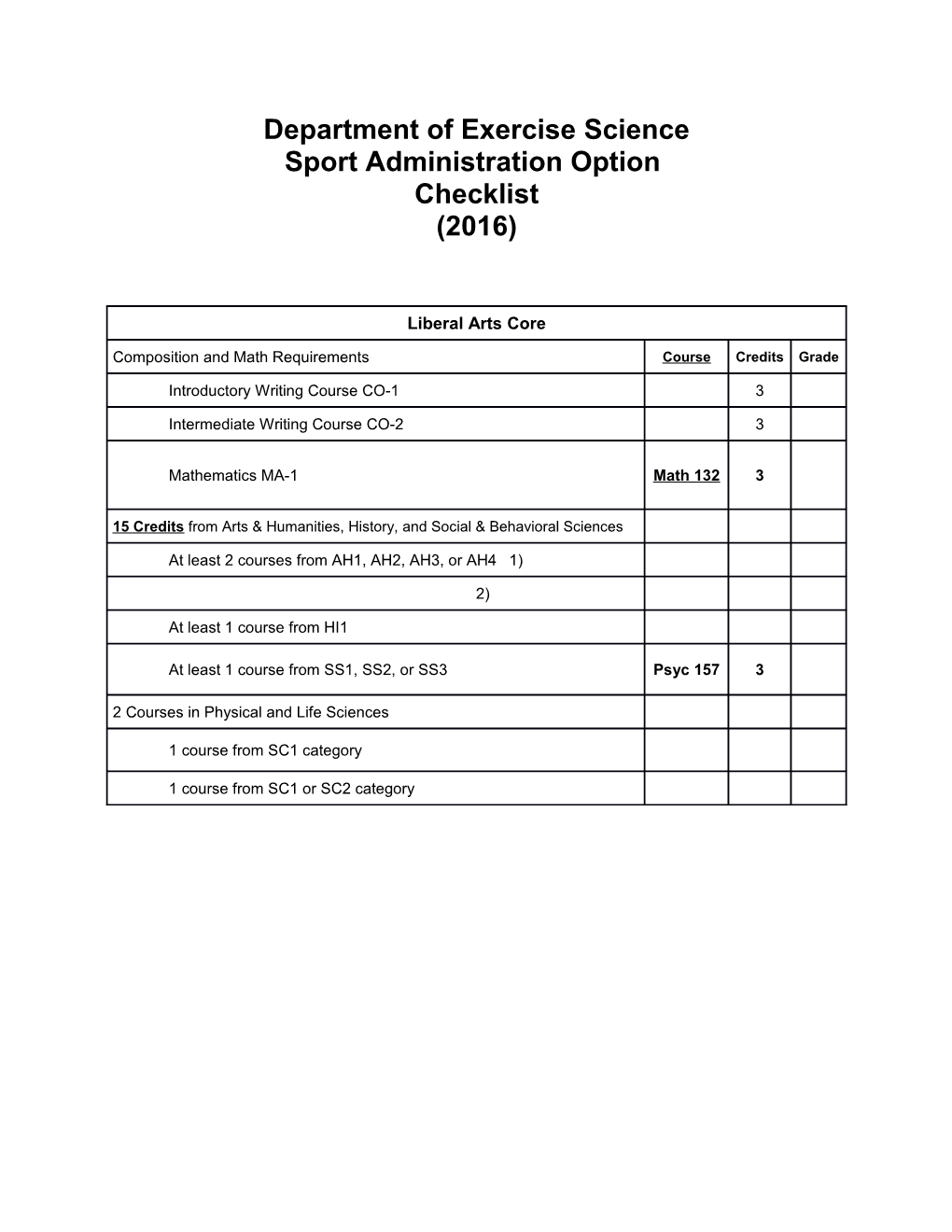 Exercise Science Option and General Studies Checklist