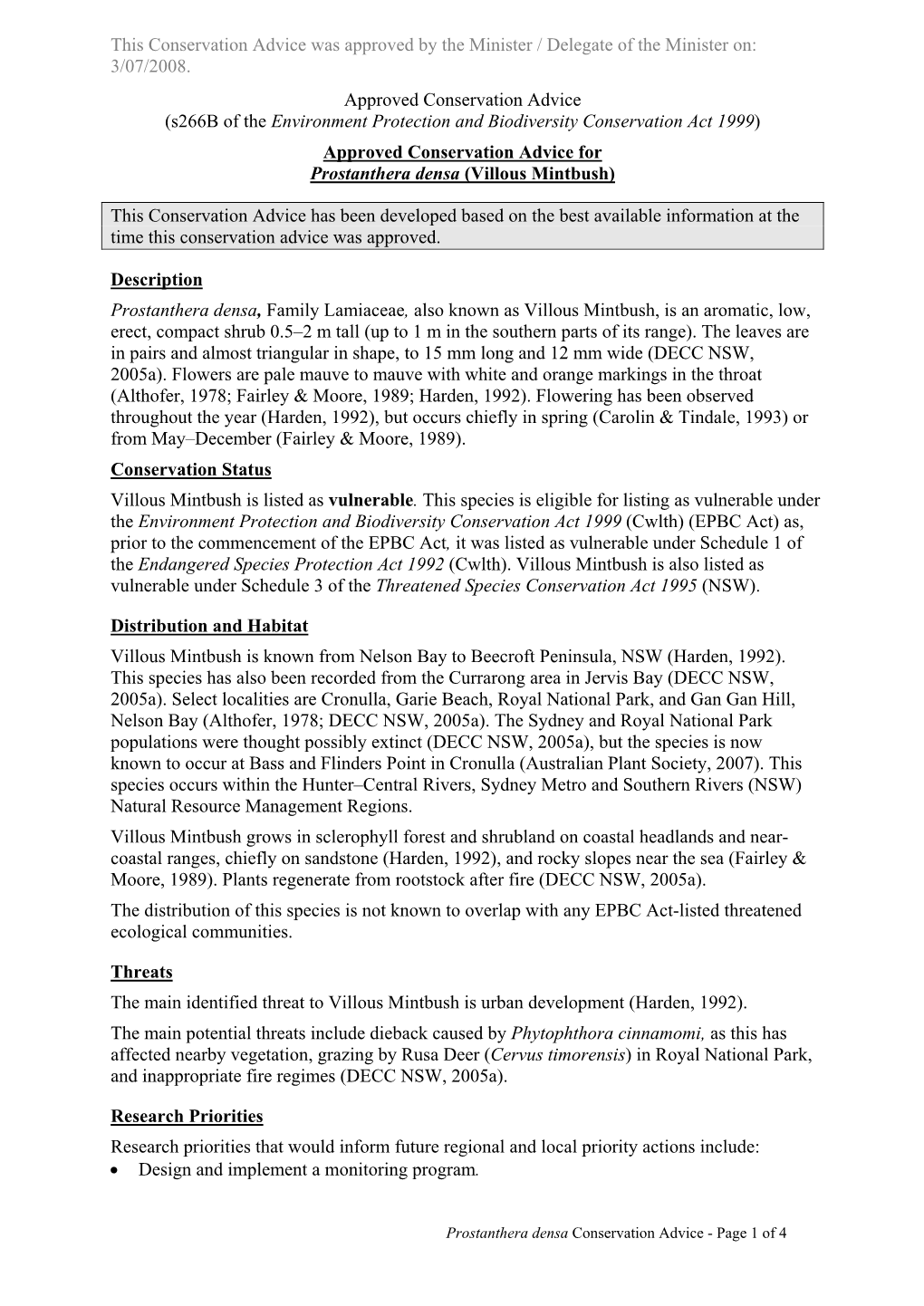 Approved Conservation Advice for Prostanthera Densa (Villous Mintbush)