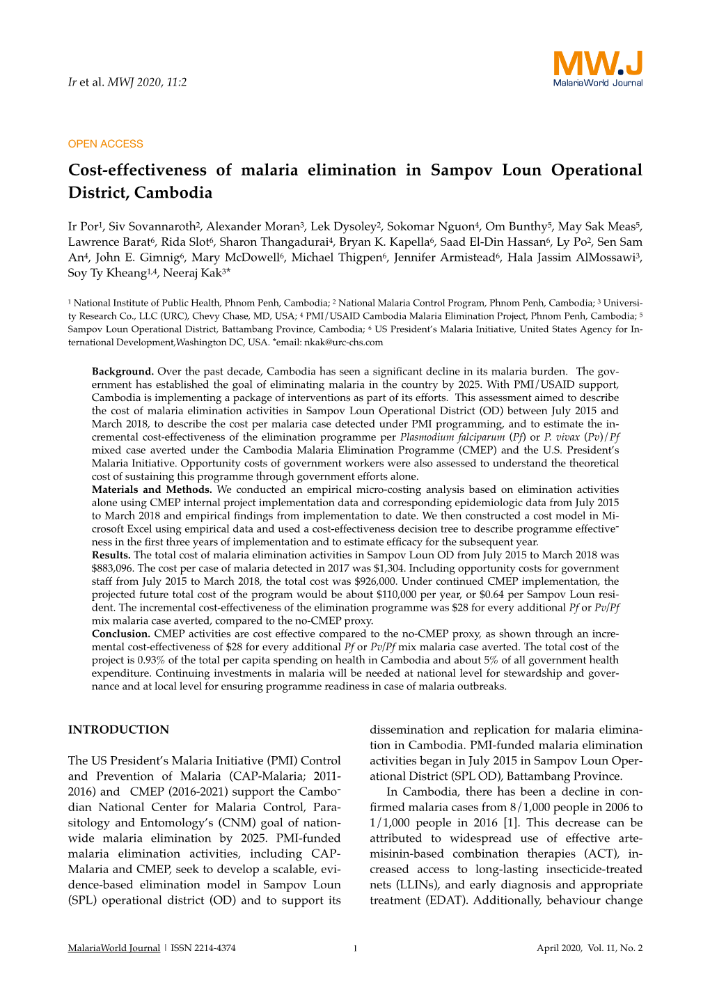 Cost-Effectiveness of Malaria Elimination in Sampov Loun Operational District, Cambodia