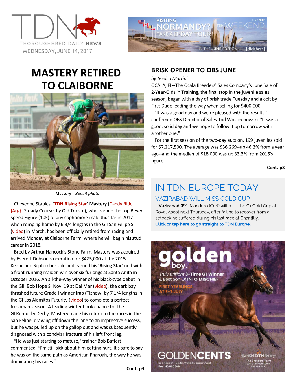 Mastery Retired to Claiborne Cont