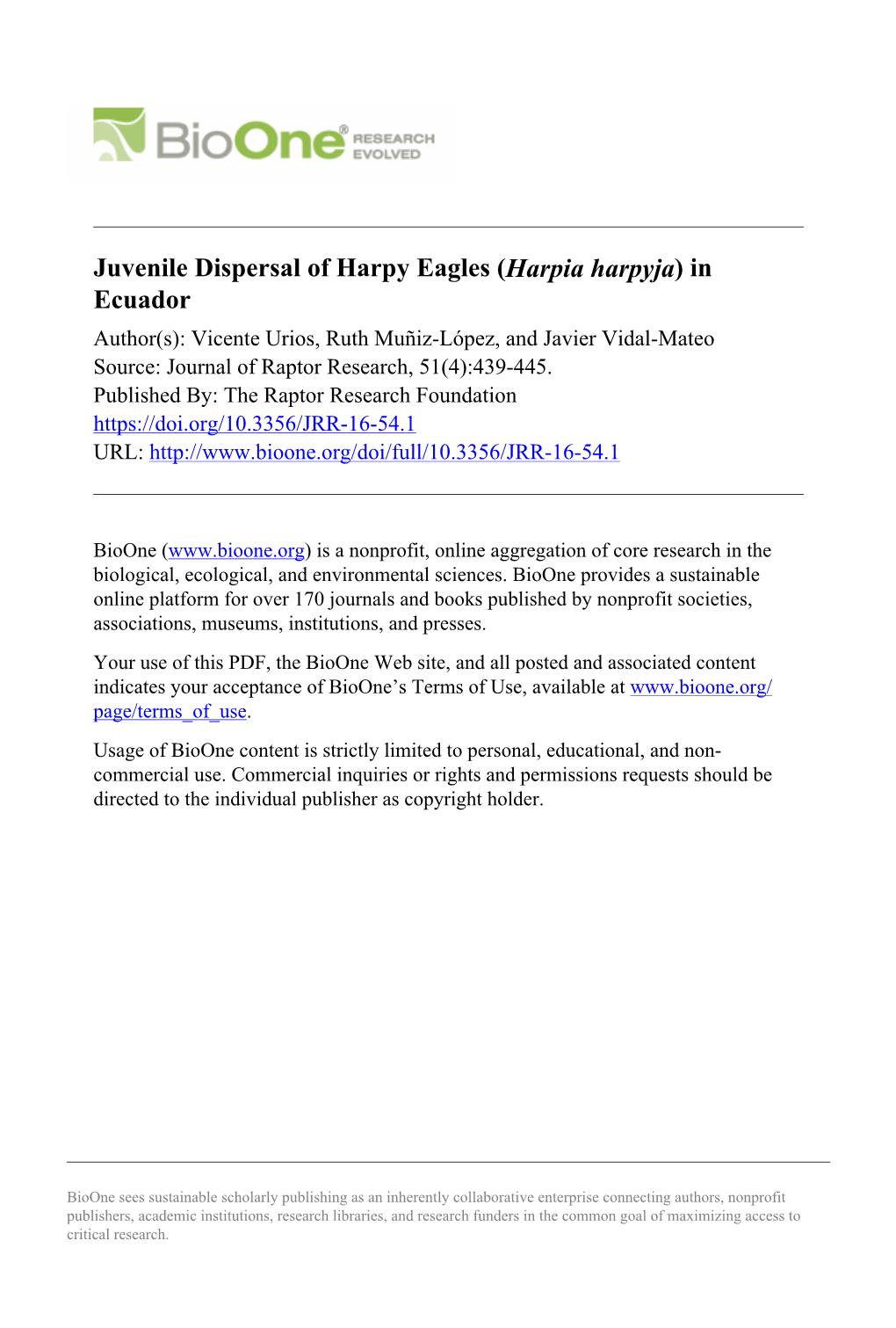 Juvenile Dispersal of Harpy Eagles (Harpia Harpyja) in Ecuador