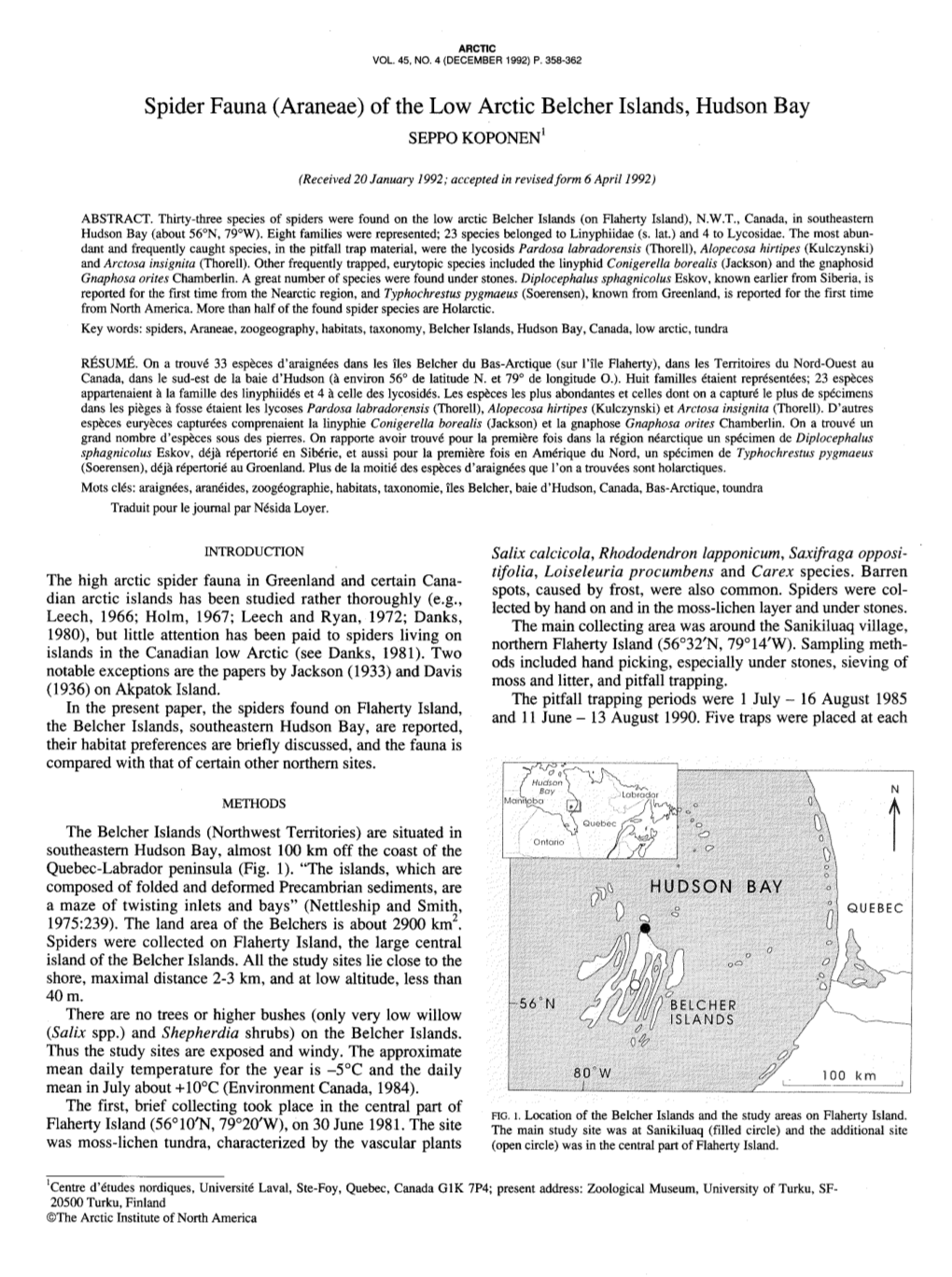 Spider Fauna (Araneae) of the Low Arctic Belcher Islands, Hudson Bay SEPPO KOPONEN’