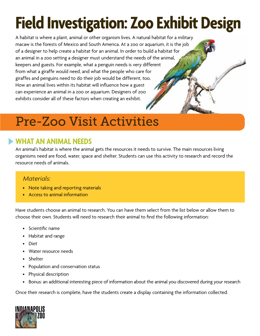 Field Investigation: Zoo Exhibit Design a Habitat Is Where a Plant, Animal Or Other Organism Lives