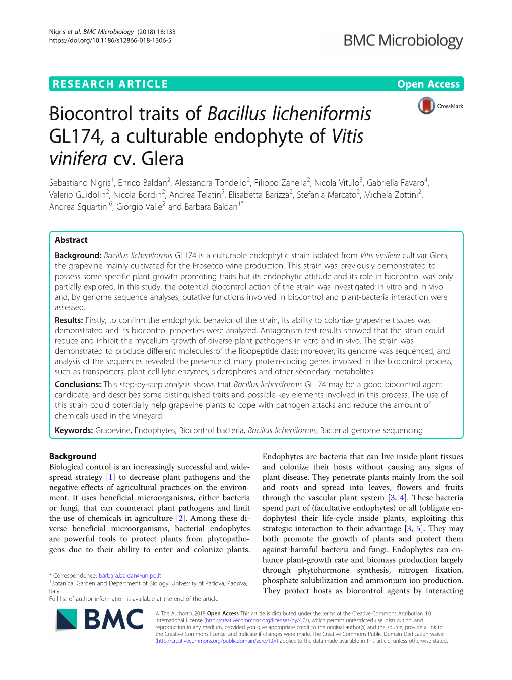 Biocontrol Traits of Bacillus Licheniformis GL174, a Culturable Endophyte of Vitis Vinifera Cv