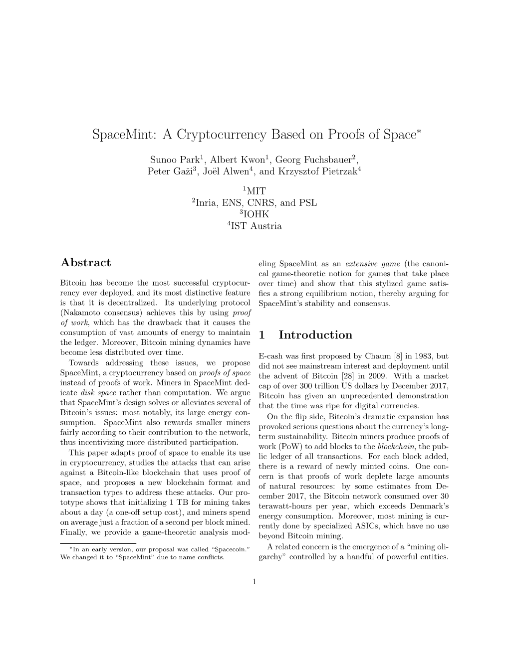 Spacemint: a Cryptocurrency Based on Proofs of Space∗