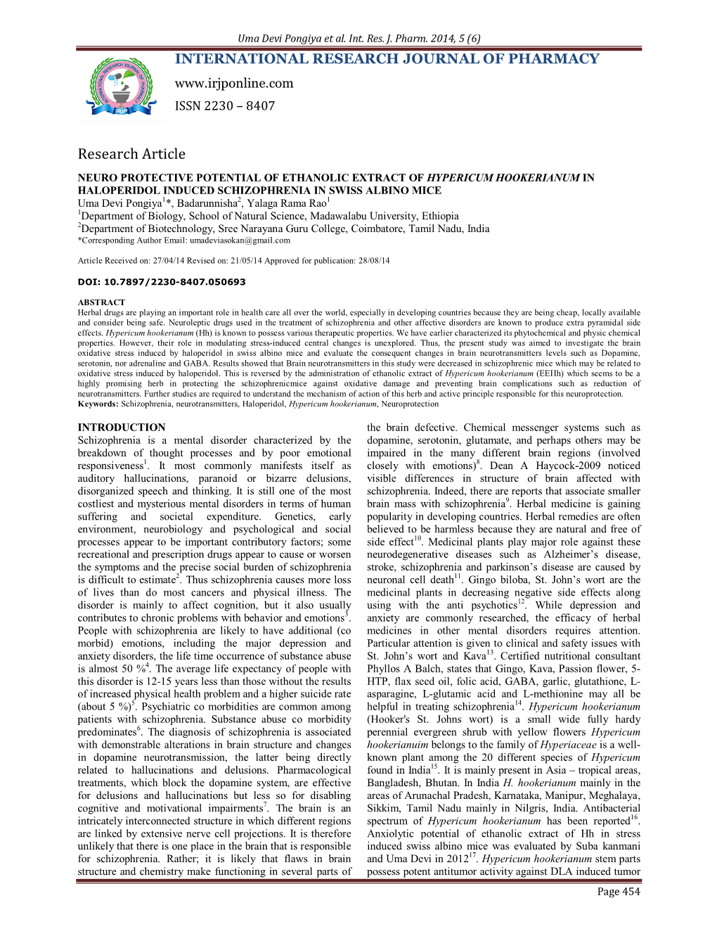 Neuro Protective Potential of Ethanolic Extract of Hypericum Hookerianum in Haloperidol Induced Schizophrenia in Swiss Albino