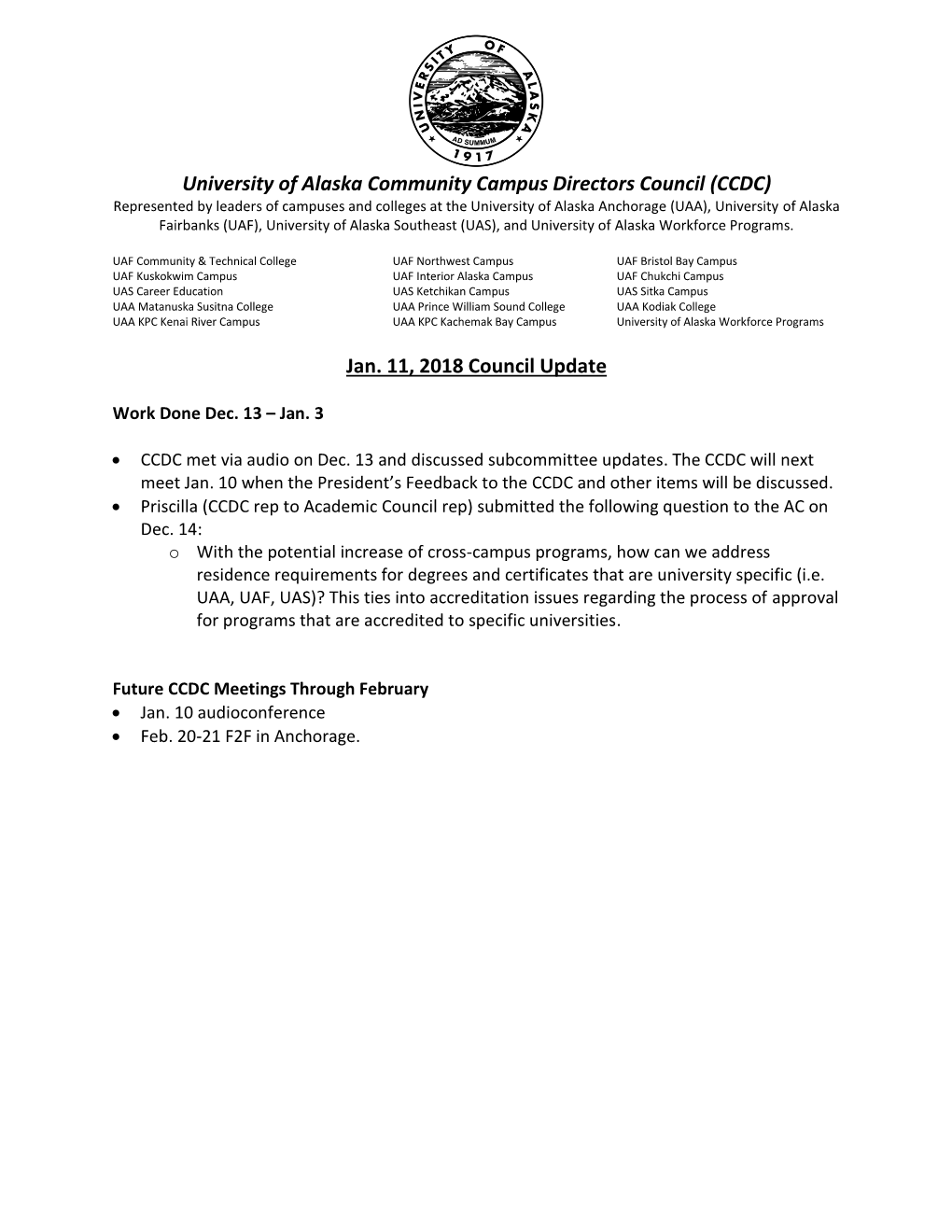 University of Alaska Community Campus Directors Council (CCDC)