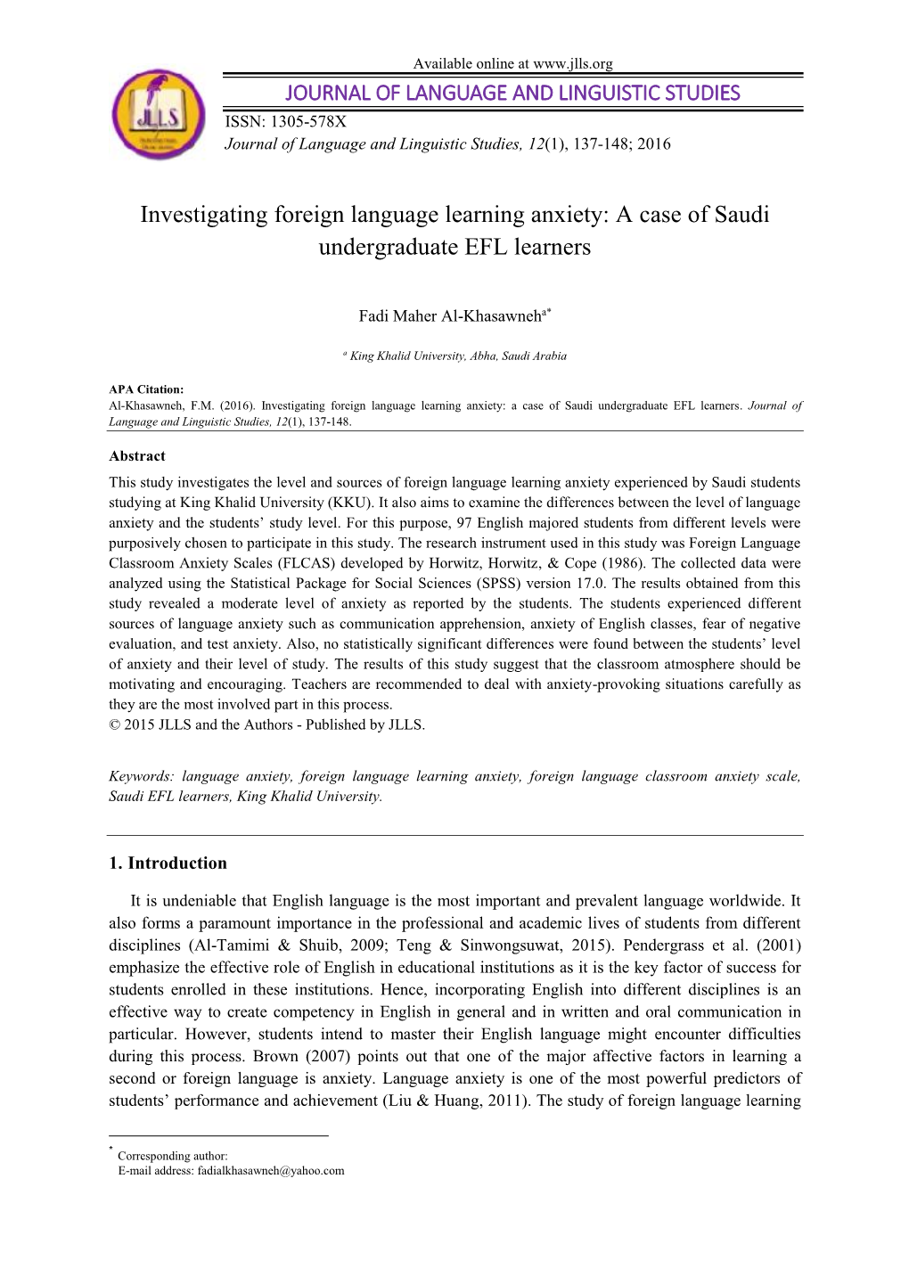 Investigating Foreign Language Learning Anxiety: a Case of Saudi Undergraduate EFL Learners