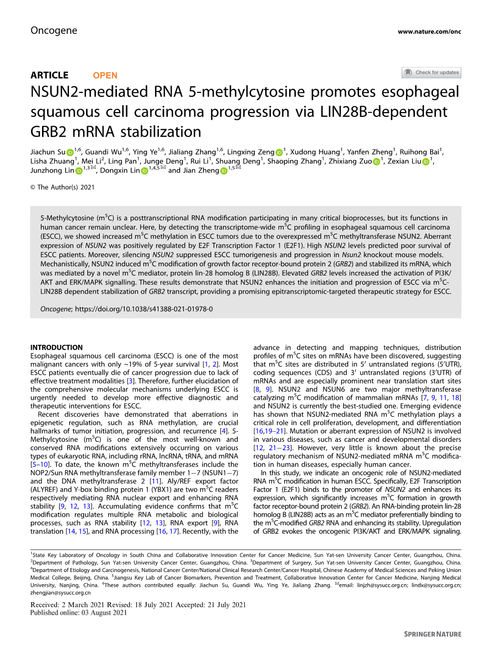 NSUN2-Mediated RNA 5-Methylcytosine Promotes Esophageal Squamous Cell Carcinoma Progression Via LIN28B-Dependent GRB2 Mrna Stabilization
