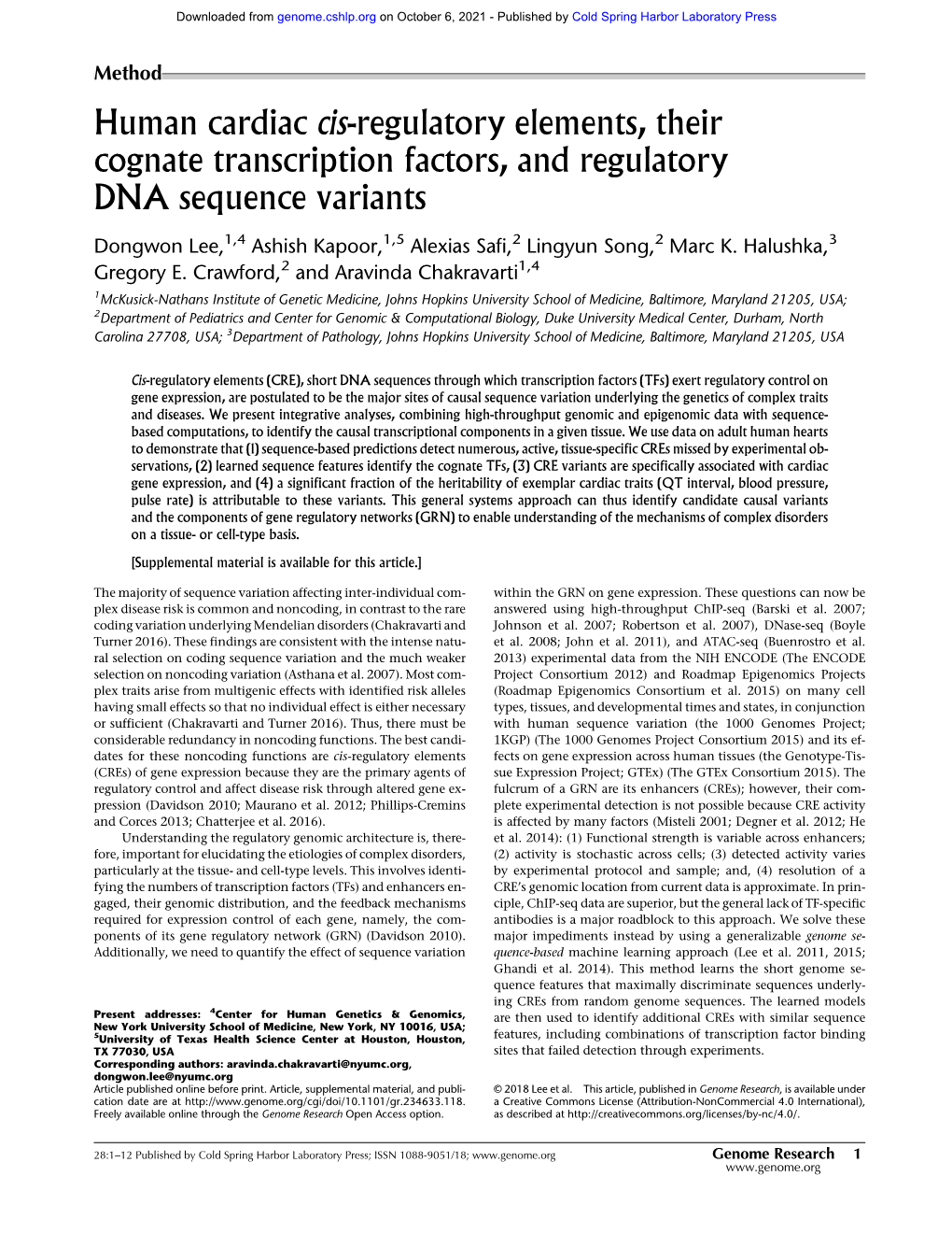 Human Cardiac Cis-Regulatory Elements, Their Cognate Transcription Factors, and Regulatory DNA Sequence Variants