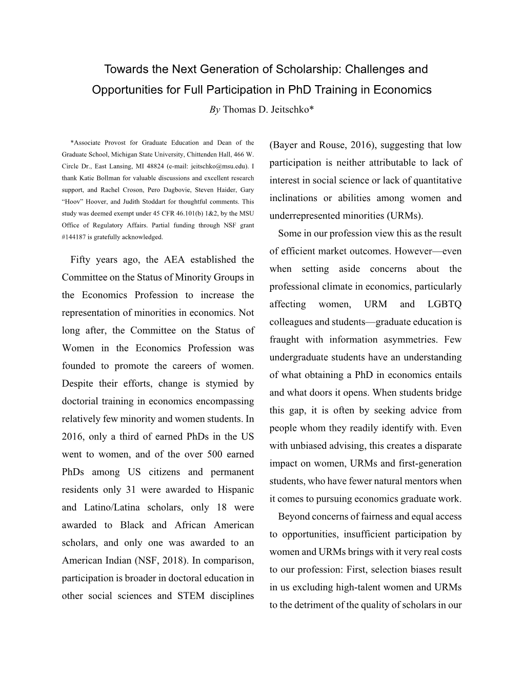 Challenges and Opportunities for Full Participation in Phd Training in Economics by Thomas D