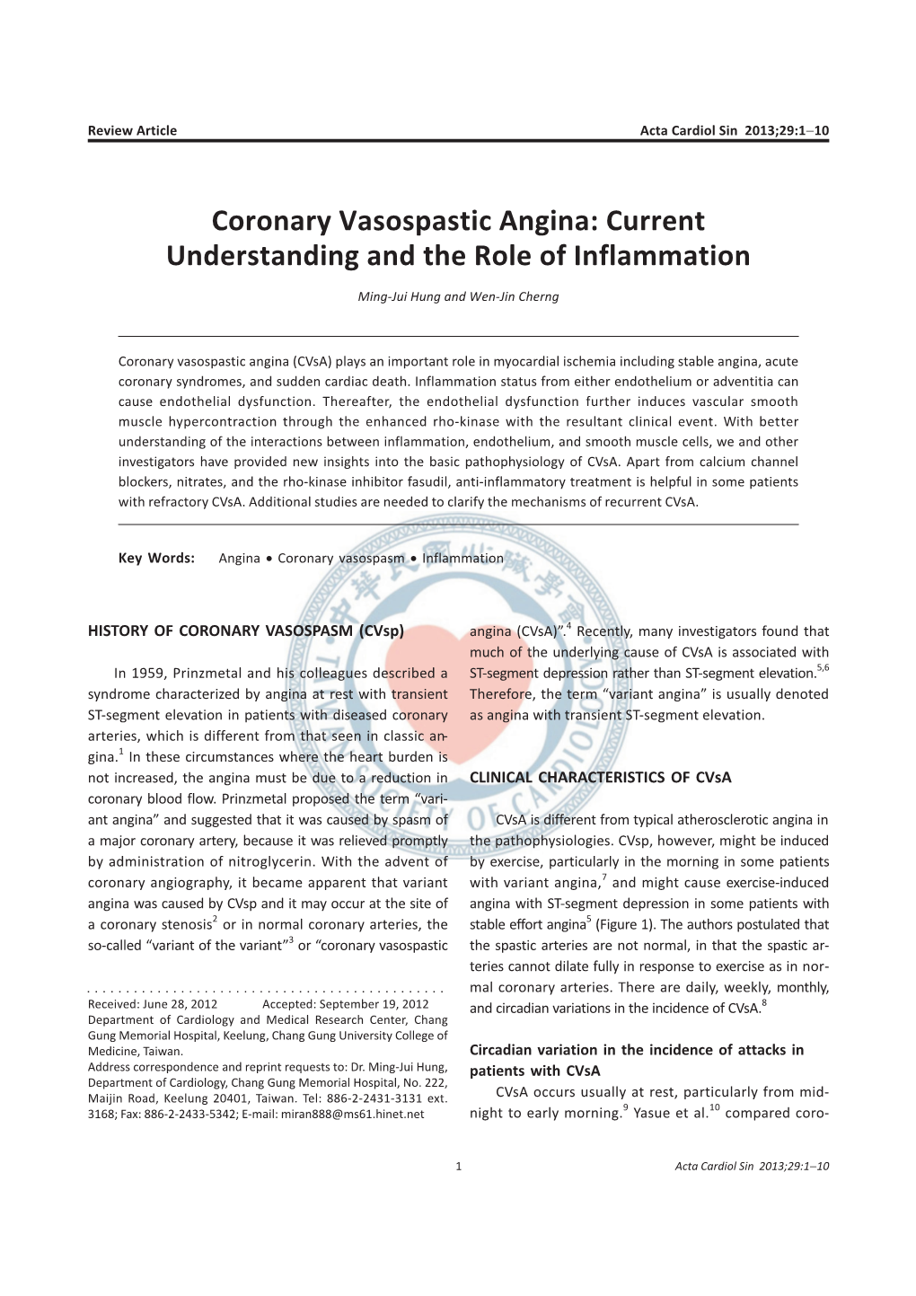 Coronary Vasospastic Angina: Current Understanding and the Role of Inflammation