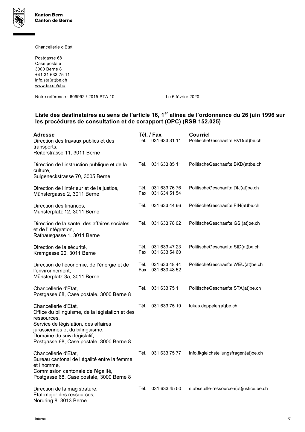 Liste Des Destinataires Au Sens De L'article 16, 1Er Alinéa De L'ordonnance Du 26 Juin 1996 Sur Les Procédures De Consulta