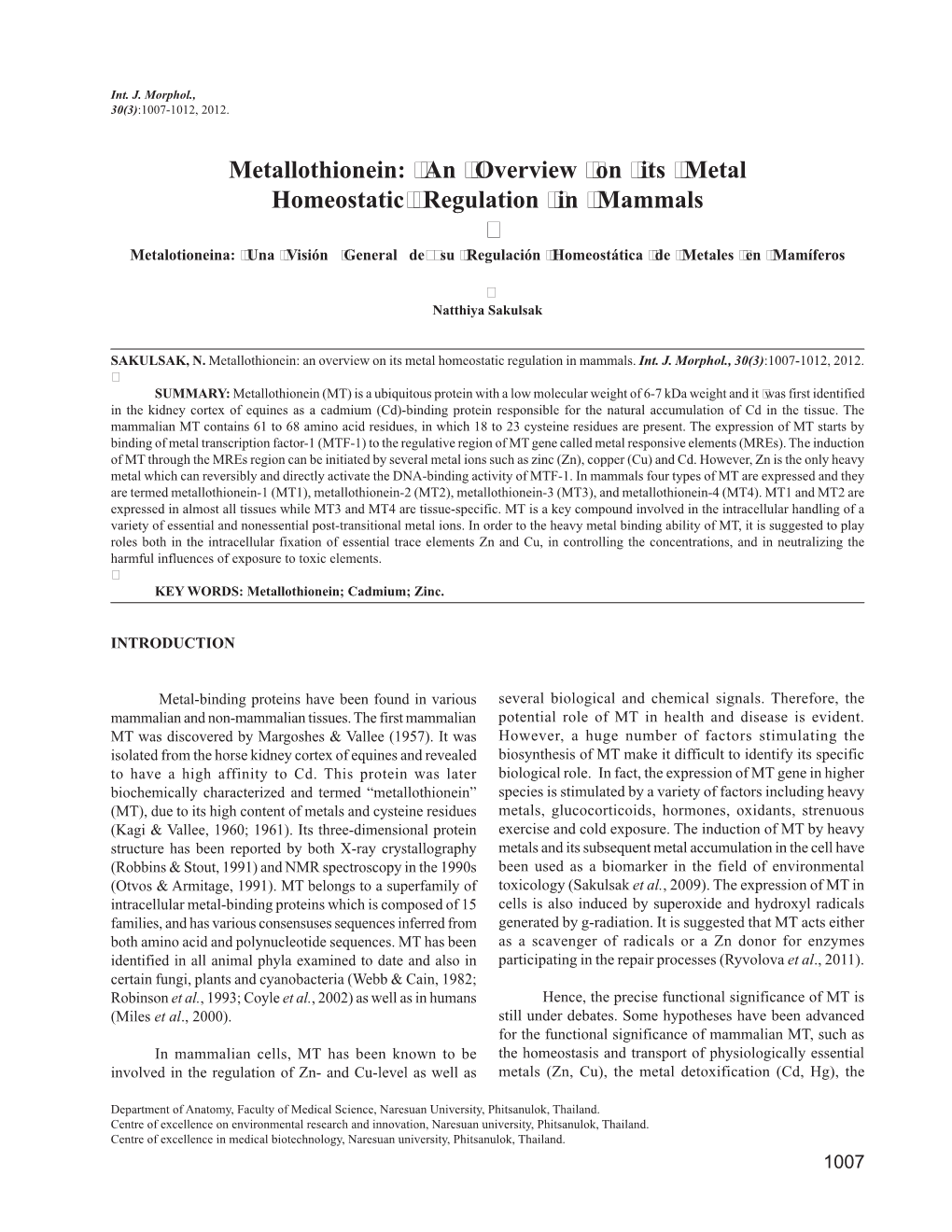 Metallothionein: an Overview on Its Metal Homeostatic Regulation in Mammals