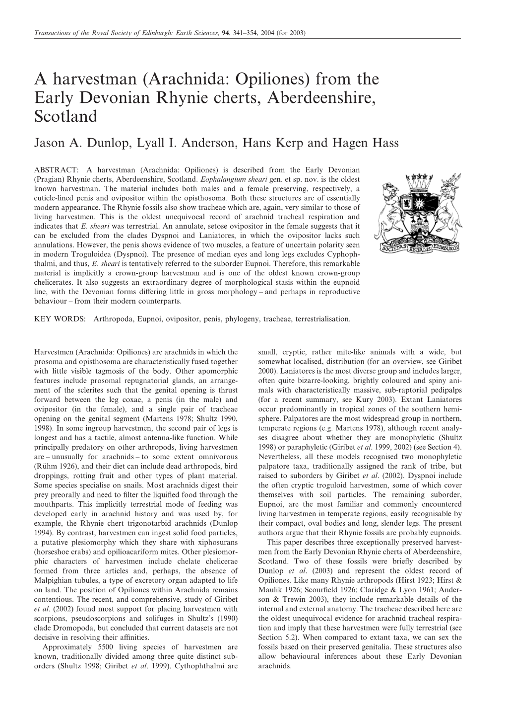 A Harvestman (Arachnida: Opiliones) from the Early Devonian Rhynie Cherts, Aberdeenshire, Scotland Jason A