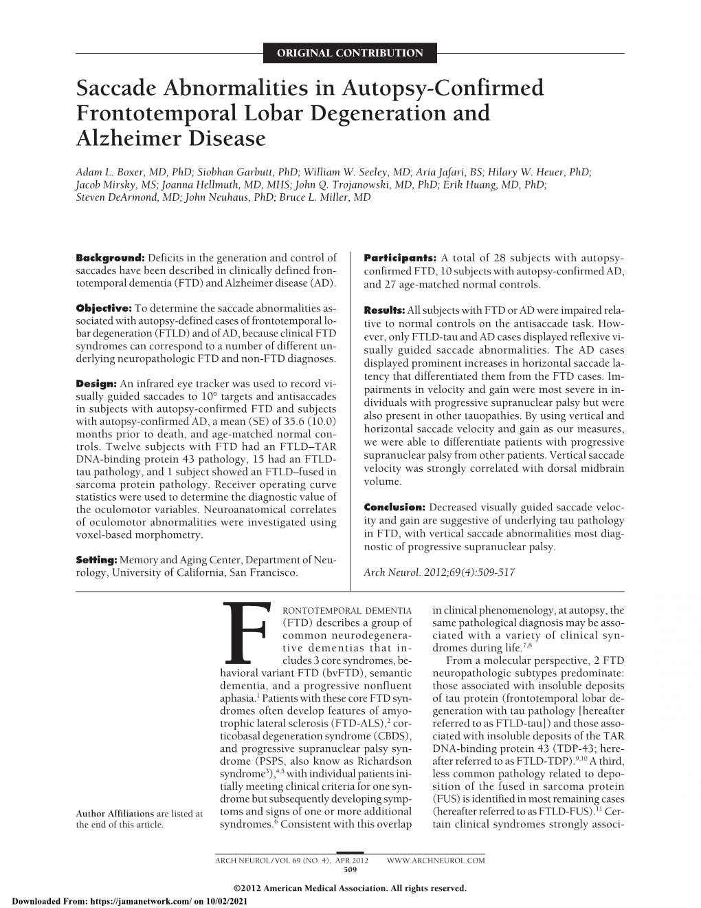 Saccade Abnormalities in Autopsy-Confirmed Frontotemporal Lobar Degeneration and Alzheimer Disease