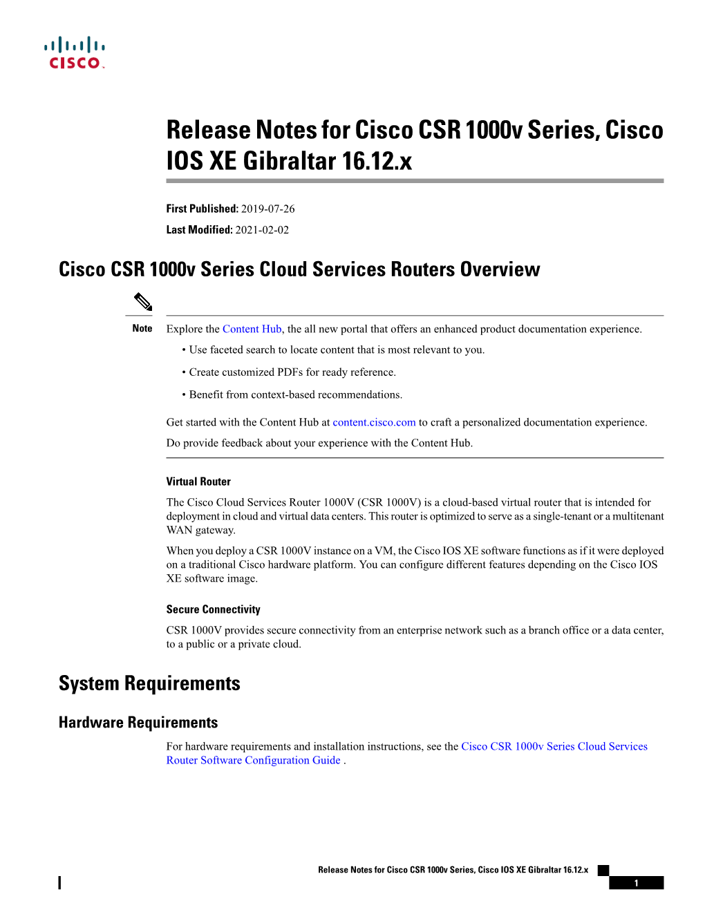 Release Notes for Cisco CSR 1000V Series, Cisco IOS XE Gibraltar 16.12.X