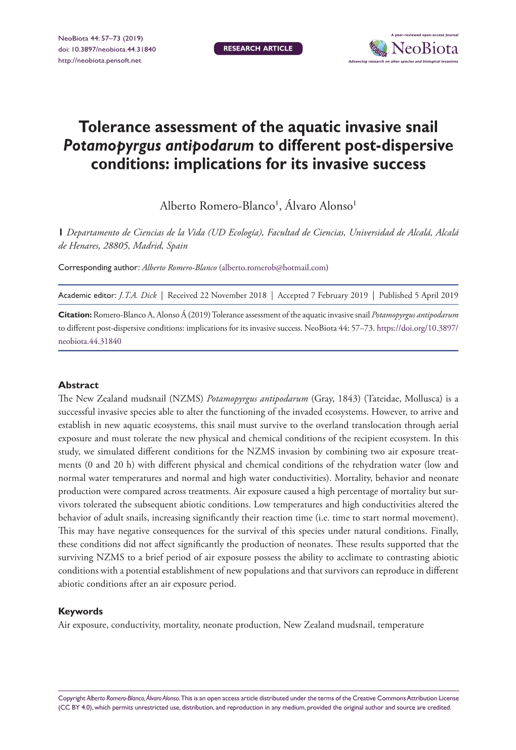 Tolerance Assessment of the Aquatic Invasive Snail Potamopyrgus Antipodarum to Different Post-Dispersive Conditions: Implications for Its Invasive Success