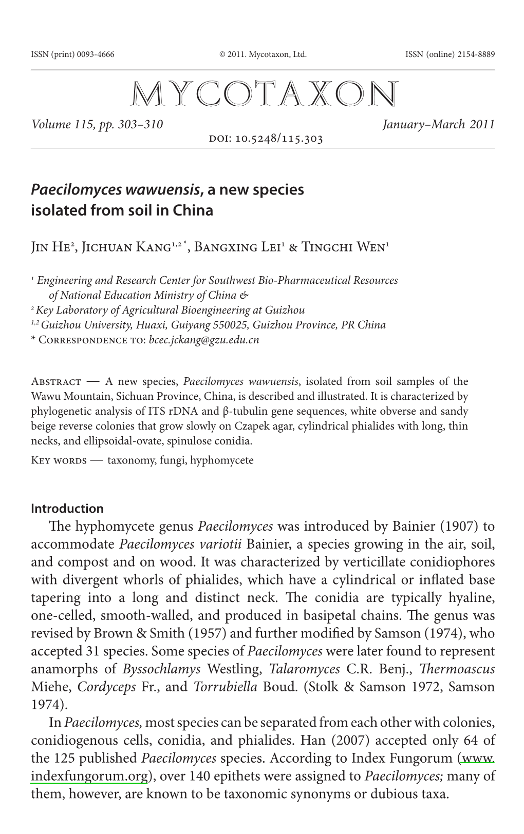 &lt;I&gt;Paecilomyces Wawuensis&lt;/I&gt;, a New Species Isolated from Soil in China