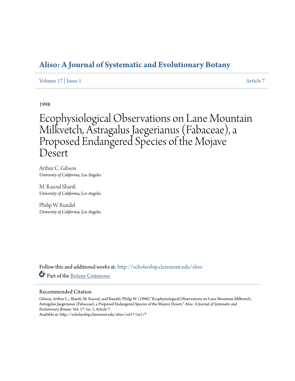 Ecophysiological Observations on Lane Mountain Milkvetch, Astragalus Jaegerianus (Fabaceae), a Proposed Endangered Species of the Mojave Desert Arthur C