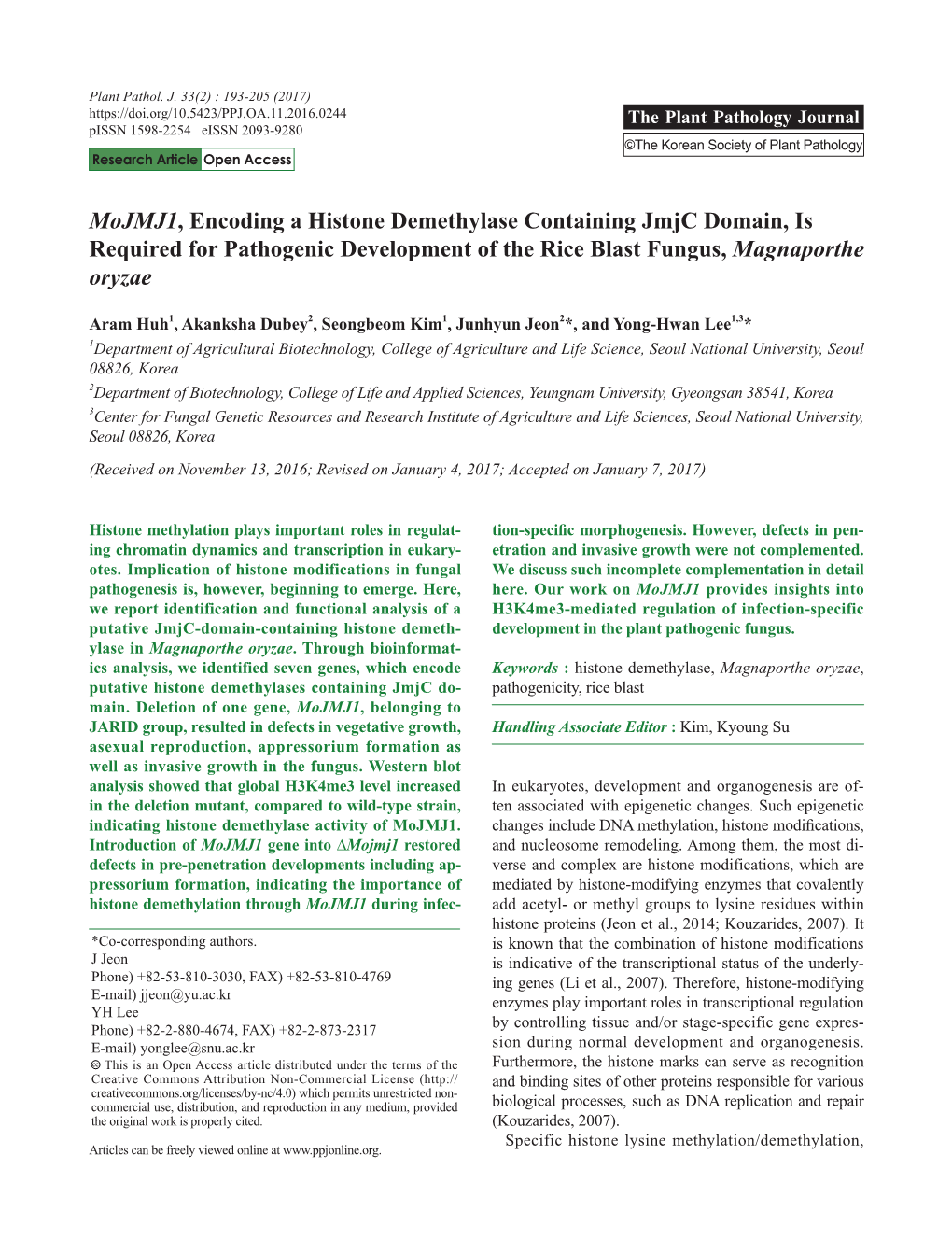 Mojmj1, Encoding a Histone Demethylase Containing Jmjc Domain, Is Required for Pathogenic Development of the Rice Blast Fungus, Magnaporthe Oryzae