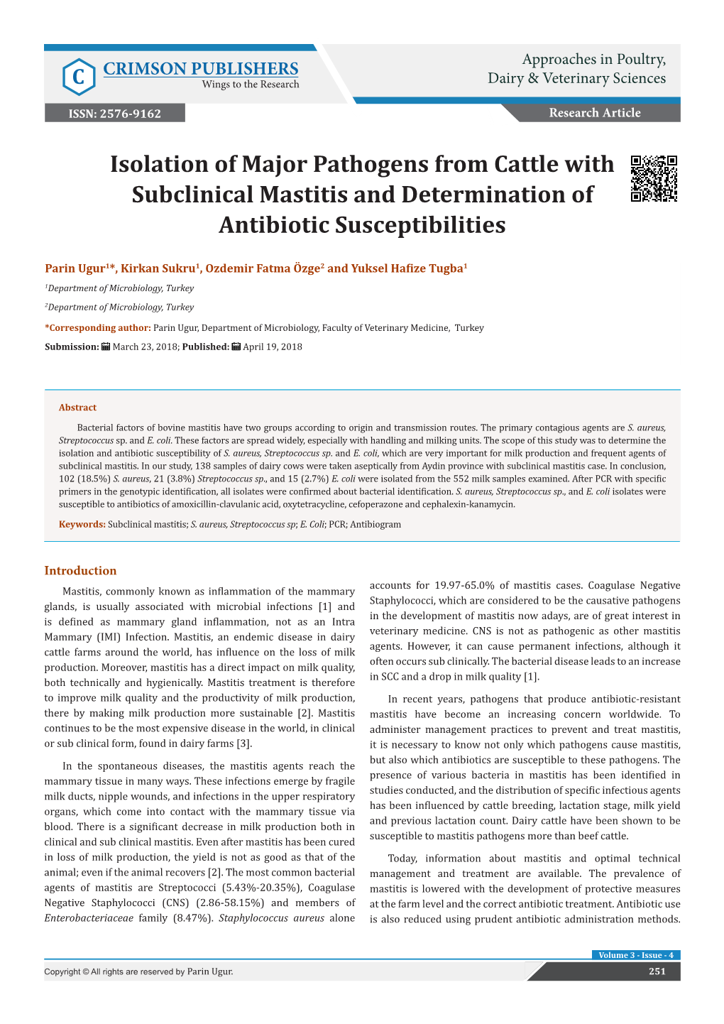 Isolation of Major Pathogens from Cattle with Subclinical Mastitis and Determination of Antibiotic Susceptibilities