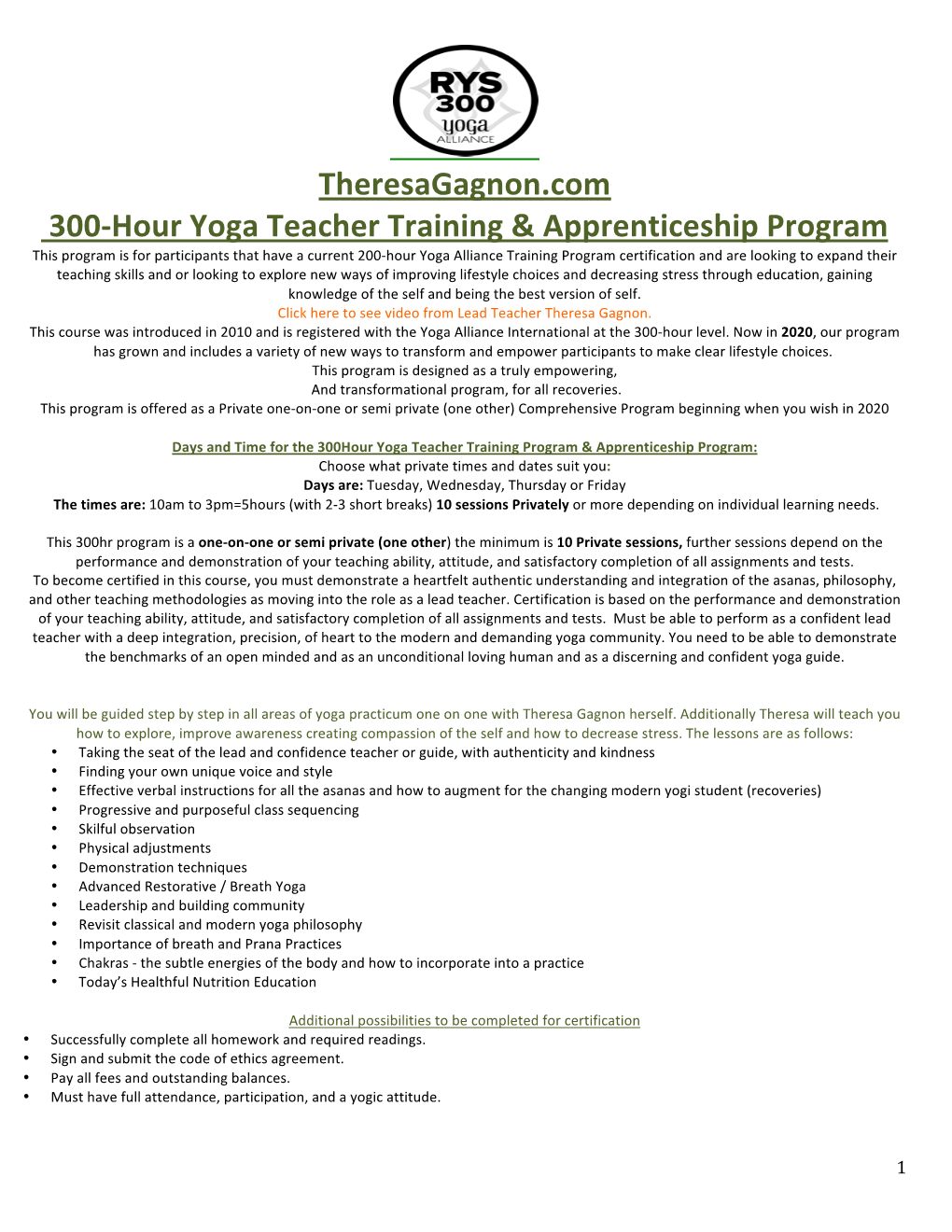 Theresagagnon.Com 300-Hour Yoga Teacher Training & Apprenticeship