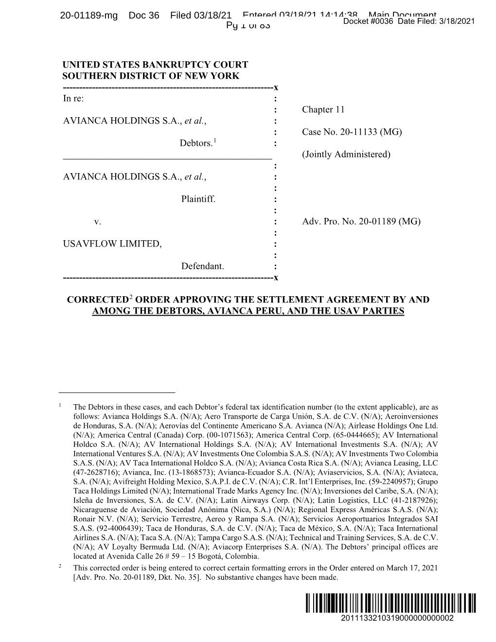 Corrected Order Approving the Settlement Agreement by and Among the Debtors, Avianca Peru, and the USAV