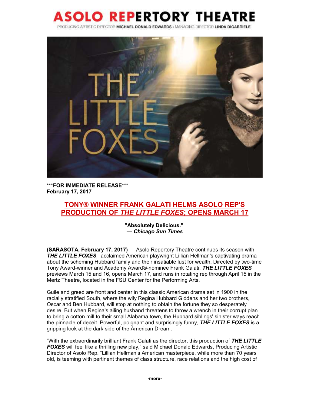 Tony® Winner Frank Galati Helms Asolo Rep's Production of the Little Foxes; Opens March 17