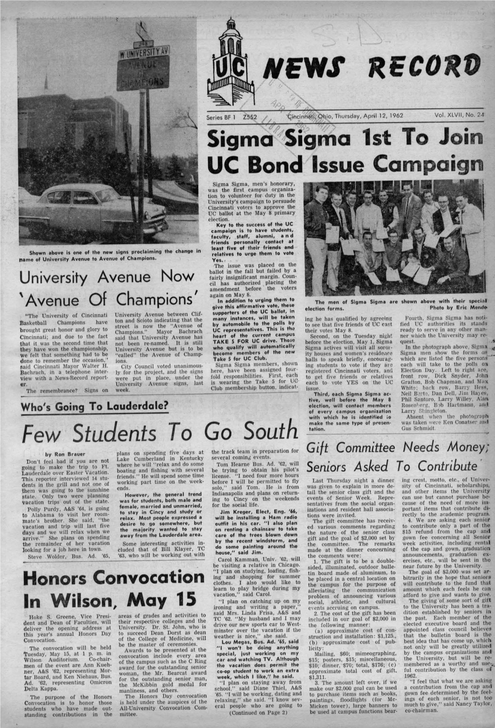 University of Cincinnati News Record. Thursday, April 12, 1962. Vol. XLVII, No