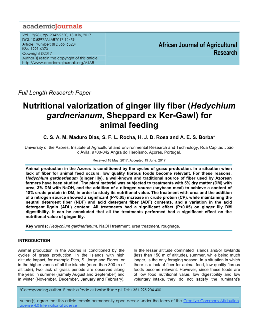 Nutritional Valorization of Ginger Lily Fiber (Hedychium Gardnerianum, Sheppard Ex Ker-Gawl) for Animal Feeding