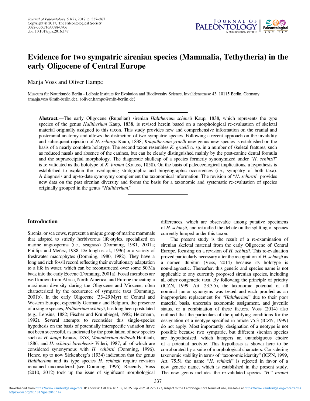 Evidence for Two Sympatric Sirenian Species (Mammalia, Tethytheria) in the Early Oligocene of Central Europe