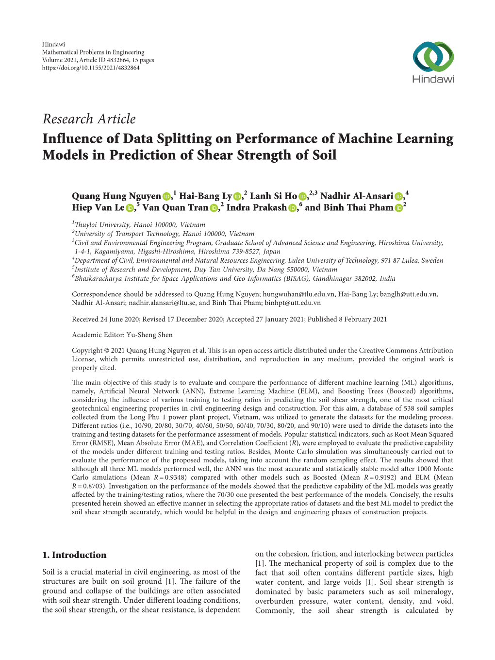 Influence of Data Splitting on Performance of Machine Learning Models in Prediction of Shear Strength of Soil
