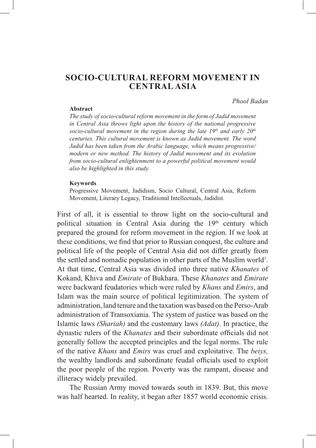 Socio-Cultural Reform Movement in Central Asia