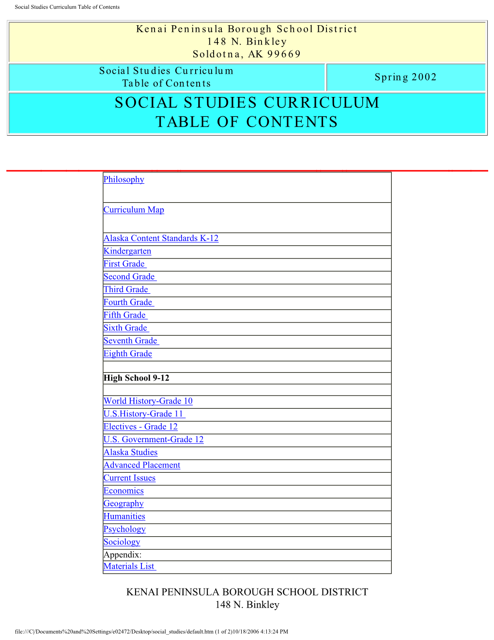 Social Studies Curriculum Table of Contents