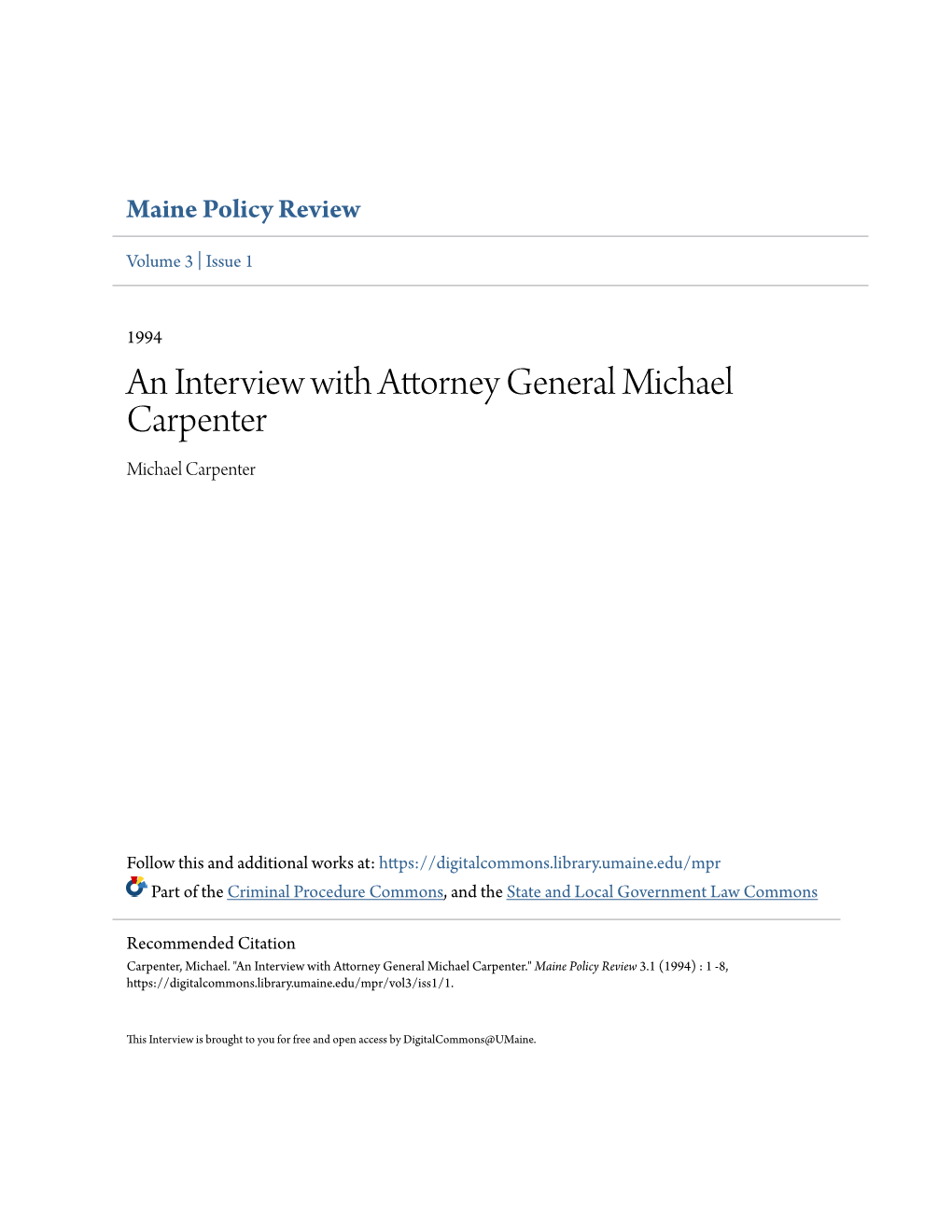 An Interview with Attorney General Michael Carpenter Michael Carpenter